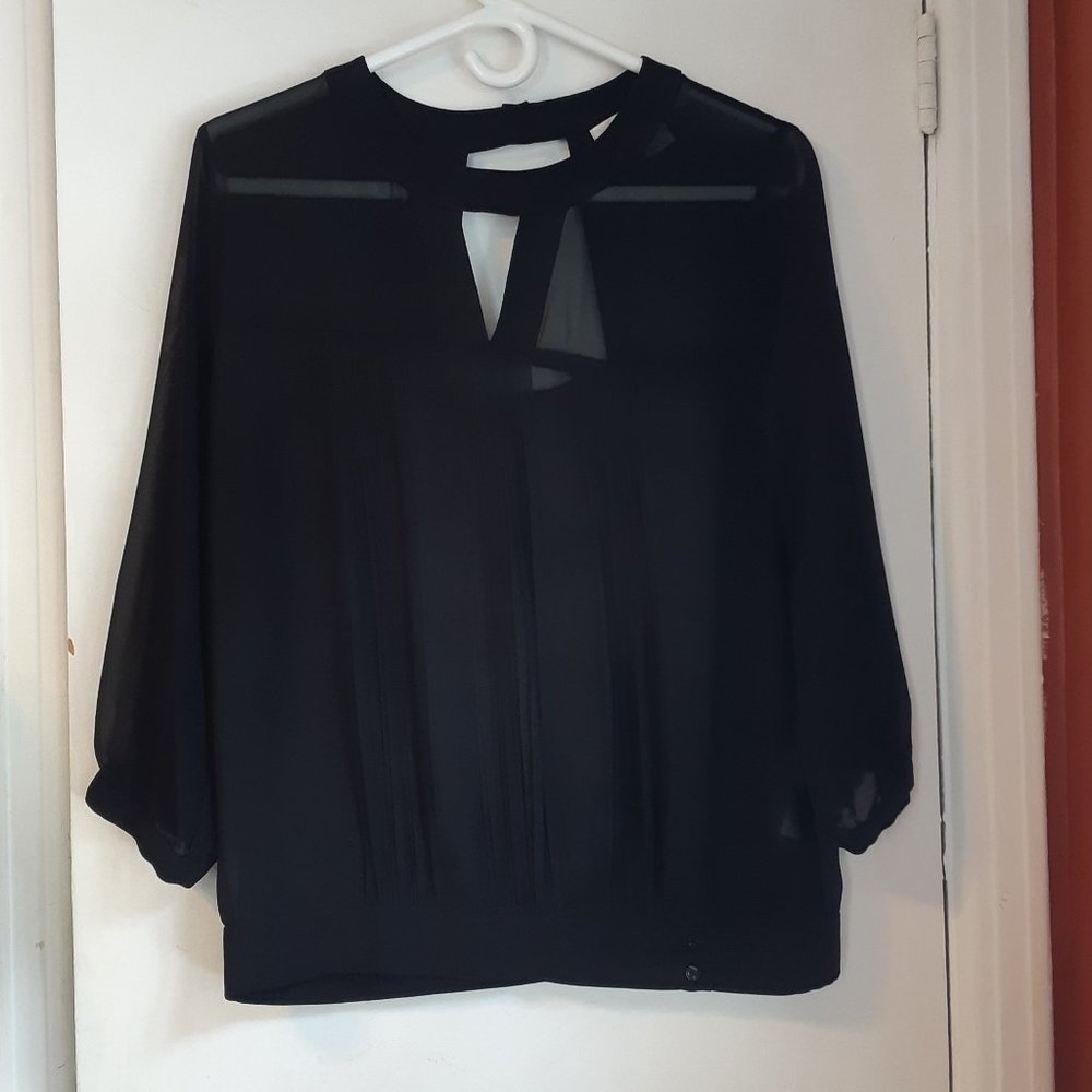 French Connection Blouse Black sheer, feminine 3/4 sleeve peep back